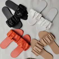 Women PU Leather Elastic Pleated Flat Sandals Slippers