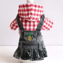 Pet Small Dog Red Lattice Hooded Shirt Denim Strap Dress Puppy Cloth