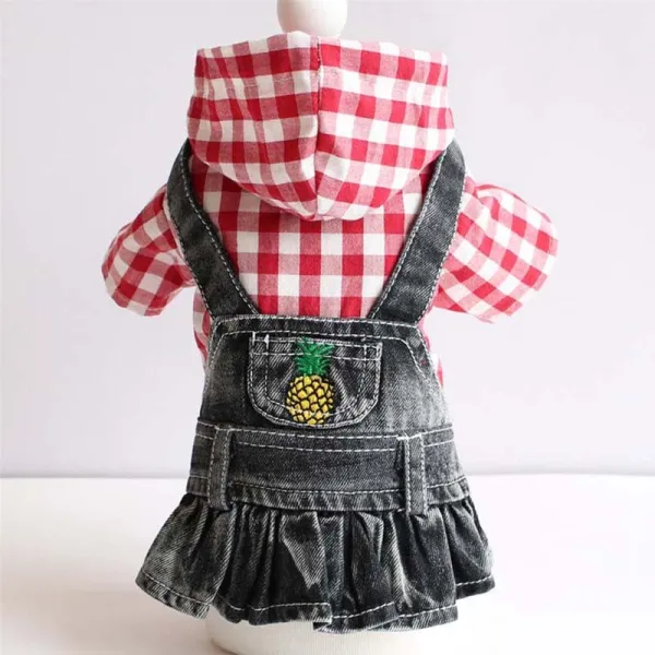 Pet Small Dog Red Lattice Hooded Shirt Denim Strap Dress Puppy Cloth