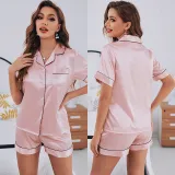 Women 2 Pieces Satin Silk Sleepwear Short Sleeve Button Shirt and Shorts Pajamas Set