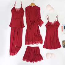 Women 5 Pieces Satin Silk Sleepwear Robe and Sling Dress Pajamas Set