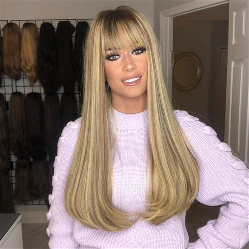 Women Blonde Long Straight Wig With Neat Bangs
