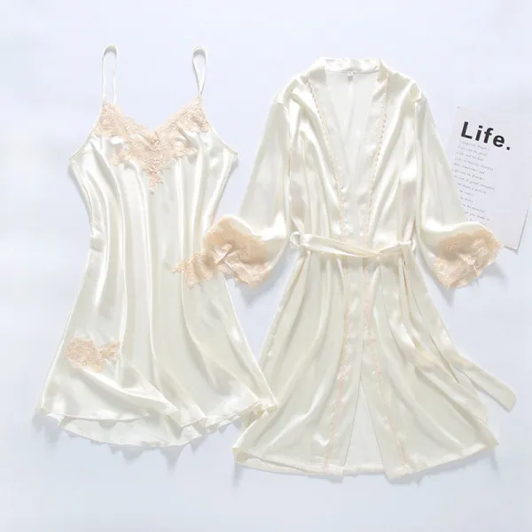 Women 2 Pieces Satin Silk Sleepwear Robe Nightgown and Sling Lace Dress Pajamas Set
