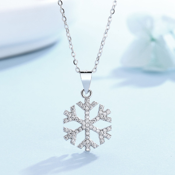 Sterling Silver Snowflake Pave Diamond Pendant Necklace