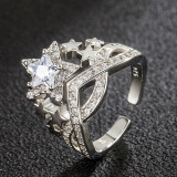 Silver Zircon Stars Crown Jewelry Inlaid Diamond Adjustable Size Women Ring
