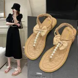 Women White Pearls Bow Tie Flip-Flops Ankle Buckle Sandals