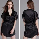 Women Satin Silk Sleep Dress Short Sleeve Lace Robe Dress Pajamas