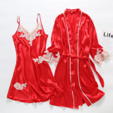 Women 2 Pieces Satin Silk Sleepwear Robe Nightgown and Sling Lace Dress Pajamas Set