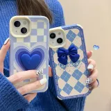 Printed Plaid 3D Bowknot Love Heart Drop Proof Phone Case for iPhone13 12 11 Pro Max