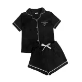 Women 2 Pieces Cotton Black Sleepwear Short Sleeve Button Shirt and Pants Pajamas Set