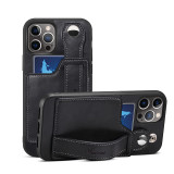 Pure Color Leather Drop Proof Phone Case for iPhone13 12 11 Pro Max with Wristband and Card Slot