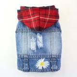 Pet Small Dog Red Lattice Hooded Shirt Daisy Pattern Denim Vest Puppy Cloth