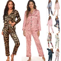 Women 2 Pieces Satin Silk Sleepwear Long Sleeve Sriped Shirts and Pants Pajamas Set