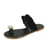 Women Rhinestone Crystal Pearls Pineapple Flip Flop Ruffles Flat Slip-on Sandals Slippers