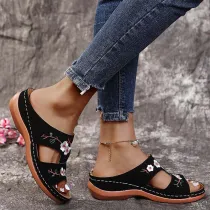 Women Open Toe Flower Pattern Wide Strap Platform Sandal Slipper
