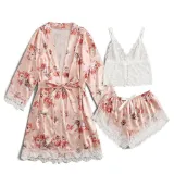 Women 3 Pieces Satin Silk Sleepwear Floral Printed Nightgown and Sling Lace Tops Shorts Pajamas Set