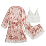 Women 3 Pieces Satin Silk Sleepwear Floral Printed Nightgown and Sling Lace Tops Shorts Pajamas Set