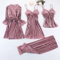 Women 4 Pieces Gold Velvet Sleepwear Robe Sling Dress and Shorts Pajamas Set