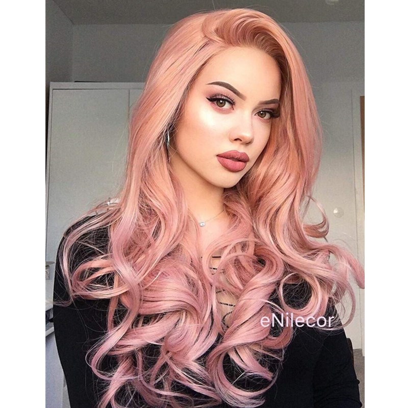 Women Halloween Pink Long Curly Wigs