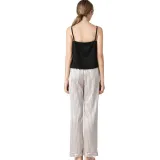 Women 2 Pieces Sleepwear Silk Sling Sleeveless Lace Black Top and Long Pants Pajamas Set