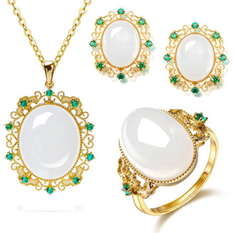 Hetian Jade Pendant Chain Jewelry Necklaces Women Rings Jewelry Sets