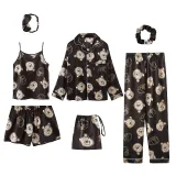 Women 7 Pieces Satin Silk Sleepwear Floral Printed Long Sleeve Shirt Sling Top and Pants Pajamas Set