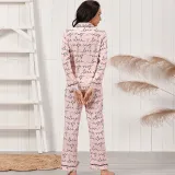 Women 2 Pieces Pink Sleepwear Long Sleeve Button Shirt and Long Pants Pajamas Set