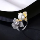 Sterling Silver Flower Pave Zirconia Solitaire Pearl Rings