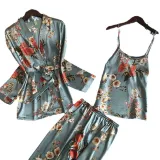Women 3 Pieces Satin Silk Sleepwear Pajamas Robe Nightgown Floral Printed Sling Top and Pants Pajamas Set