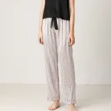 Women 2 Pieces Sleepwear Silk Sling Sleeveless Lace Black Top and Long Pants Pajamas Set