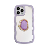 Curved Edge Mirror Drop Proof Phone Case for iPhone13 12 11 Pro Max with Purple Pearl Gemstone Bracket