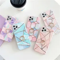 Electroplate Splicing Marbling Drop Proof Phone Case for iPhone13 12 11 Pro Max with Ring Buckle Bracket
