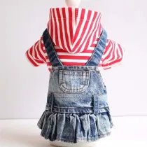 Pet Small Dog Red Striped Hooded Shirt Denim Strap Dress Puppy Cloth