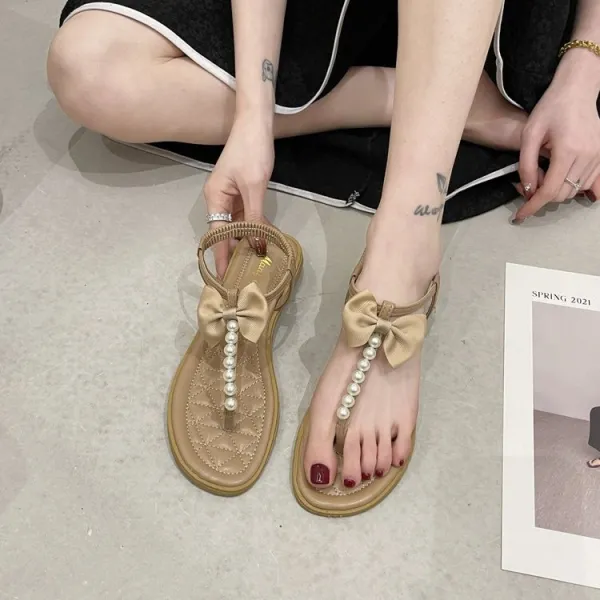 Women White Pearls Bow Tie Flip-Flops Ankle Buckle Sandals