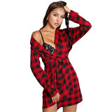 Women V-Neck Pajamas Red Plaid Long Cardigan Dress Nightgown Sleepwear