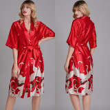 Women Satin Silk Sleepwear Swan Printed Short Sleeve Maxi Robe Dress Nightgown Pajamas