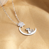 Sterling Silver Diamond Moon Cat Solitaire Pendant Necklace