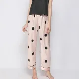 Women 2 Pieces Sleepwear Silk Sling Sleeveless Lace Black Top and Long Pants Pajamas Set
