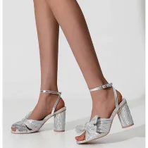 Women Bow Tie Strap Fish Mouth Slingback Chunky Heels Sandals