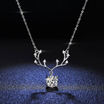 Sterling Silver Round Cut Moissanite Diamond Antlers Pendant Necklace