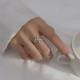 Silver Zircon Leaves Fashion Jewelry Inlaid Diamond Adjustable Size Women Ring