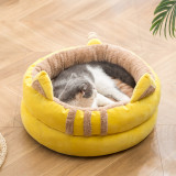 Round Flannel Washable Dog Kennel Pet House with Cat Ears