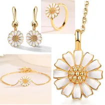Silver Zircon Chrysanthemum Pendant Chain Jewelry Necklaces Women Rings Jewelry Sets