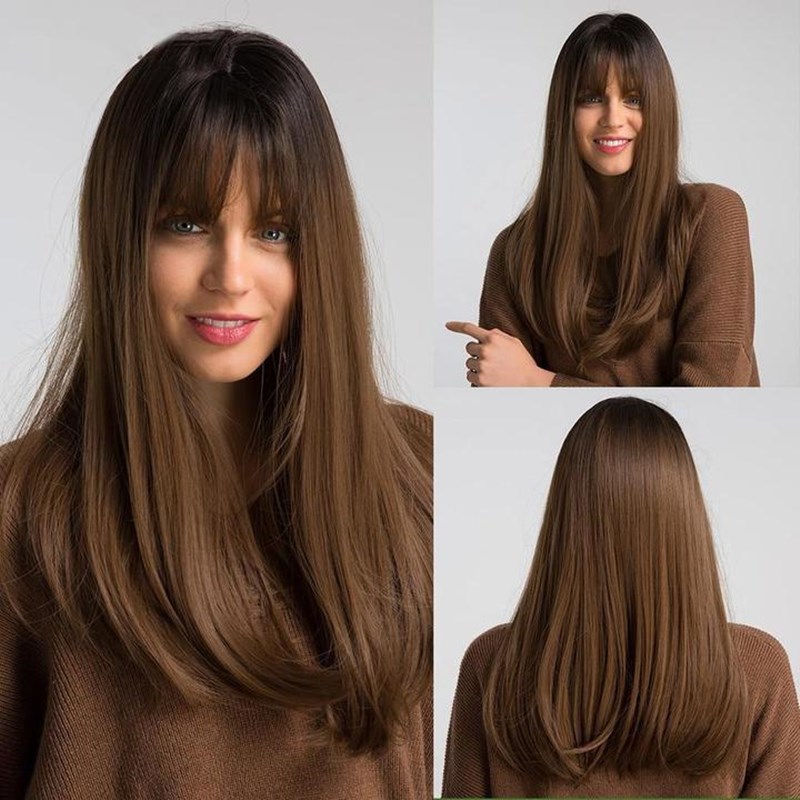 Women Long Brown Wig With Bangs Long Straight Hair Wigs