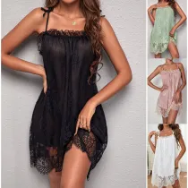 Women Satin Silk Sleep Dress Sling Tie Lace Mesh Dress Pajamas