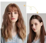 Women Long Brown Mix Blonde Wave Wigs With Neat Bangs