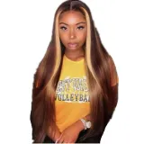 Women Synthetic Long Straight Wigs Mixed Golden Brown Hair Middle Parting Wig