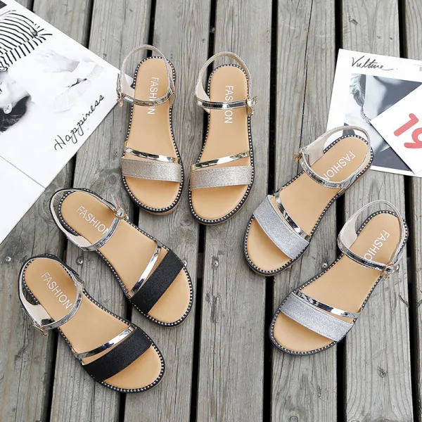 Women Sequins Macthing Color Casual Flat Summer Sandals
