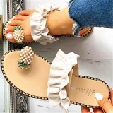 Women Rhinestone Crystal Pearls Pineapple Flip Flop Ruffles Flat Slip-on Sandals Slippers