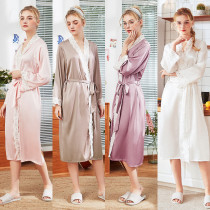 Women Satin Silk Sleep Dress Long Sleeve Lace Maxi Dress Robe Pajamas